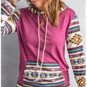 Aztec Print Patchwork Hoodie with Kangaroo Pocket